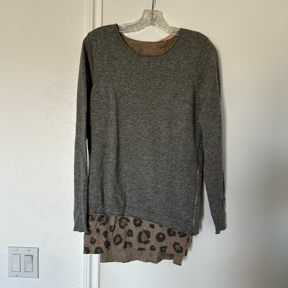 Rebecca Taylor Gray Sweater with Leopard Print Hem
